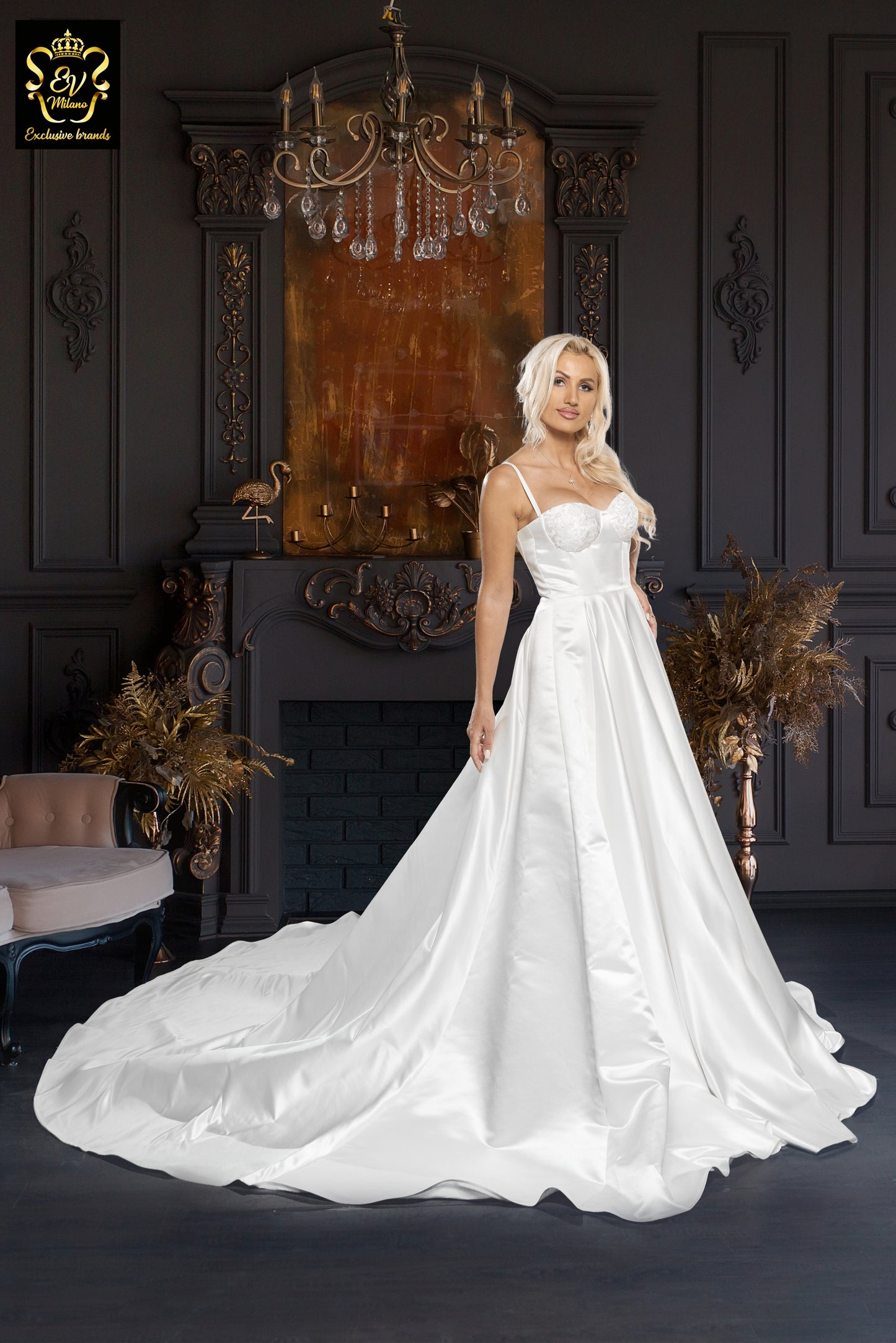 Long wedding dress with thin straps and train EVM-1028