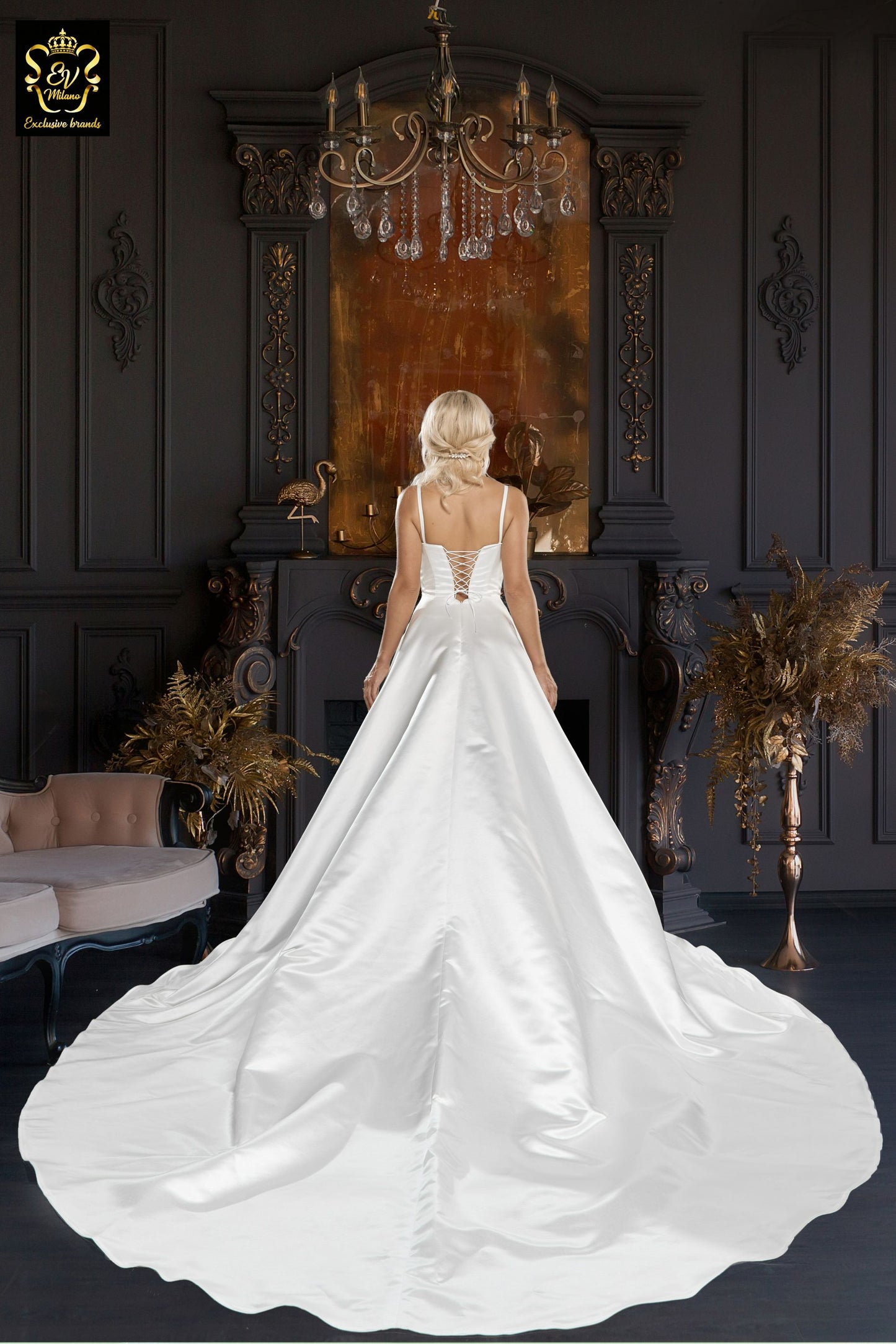 Long wedding dress with thin straps and train EVM-1028