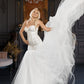 Long wedding dress with thin straps and tulle train EVM-1031