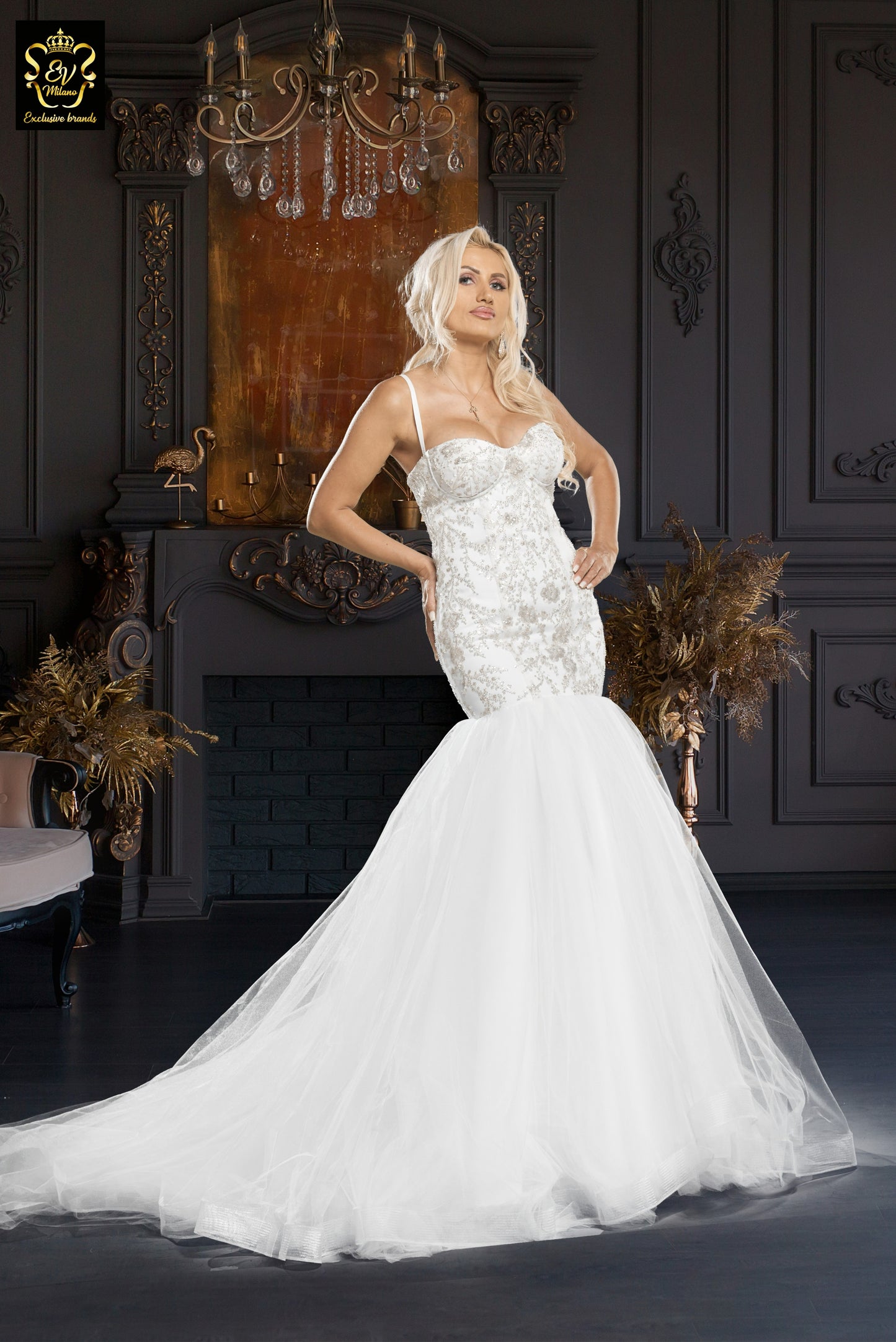 Long wedding dress with thin straps and tulle train EVM-1031