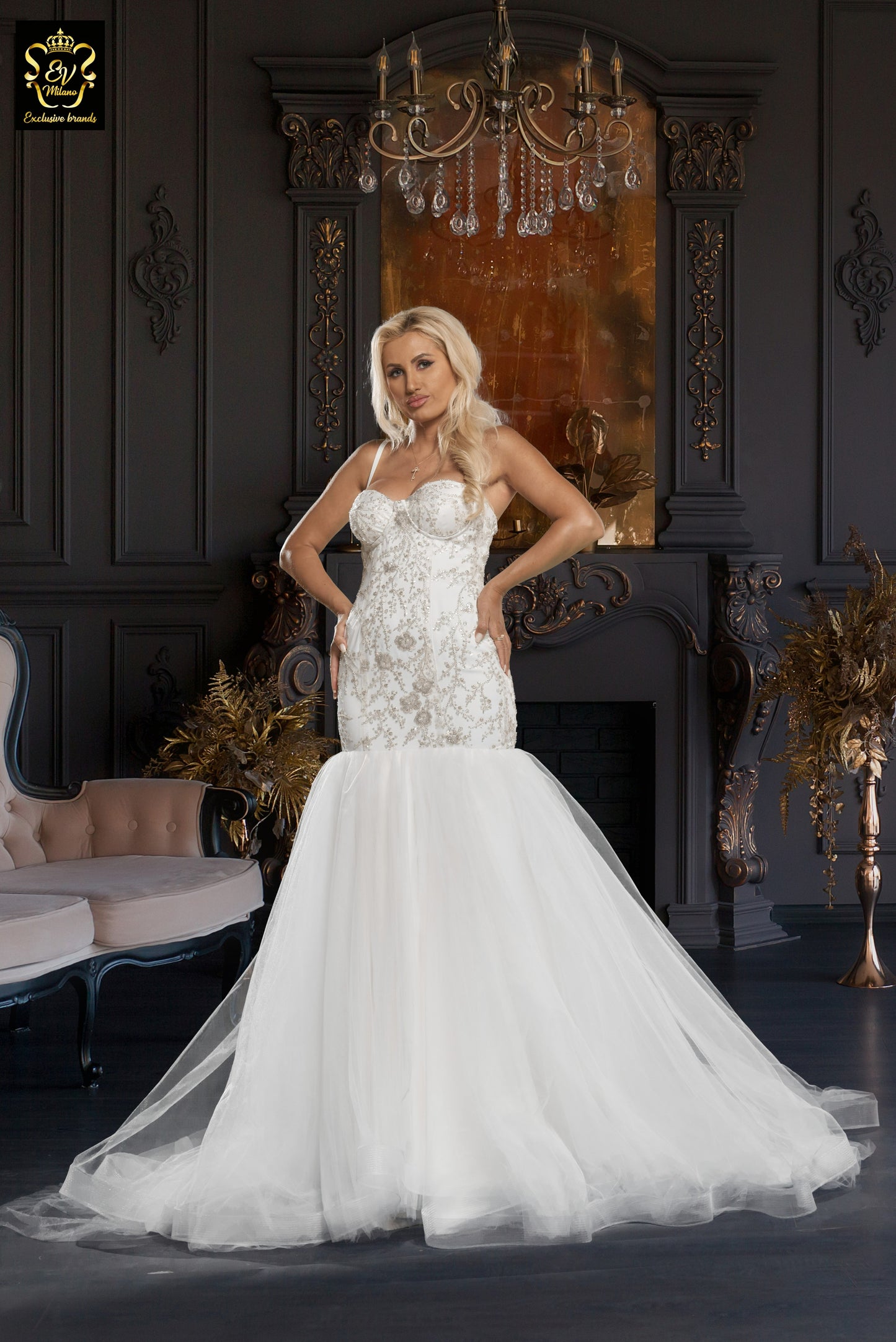 Long wedding dress with thin straps and tulle train EVM-1031