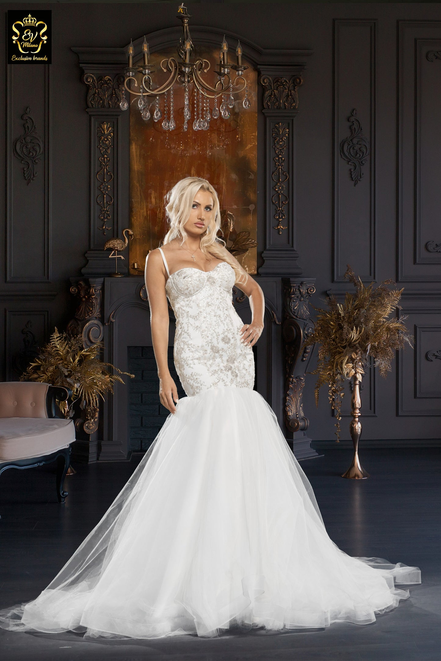 Long wedding dress with thin straps and tulle train EVM-1031