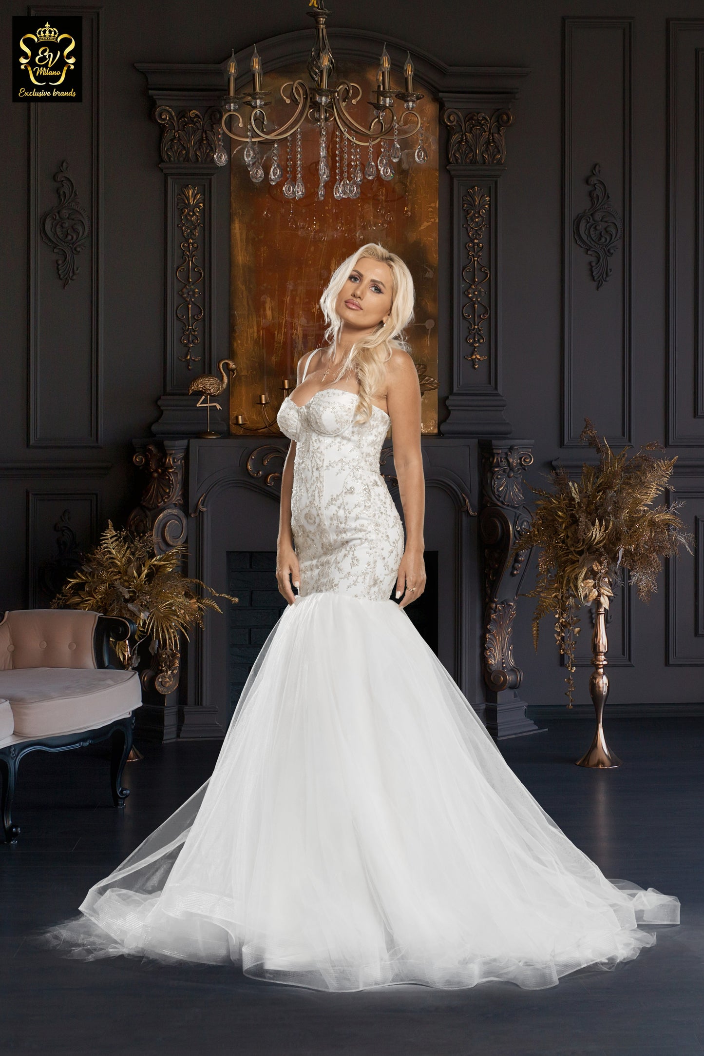 Long wedding dress with thin straps and tulle train EVM-1031