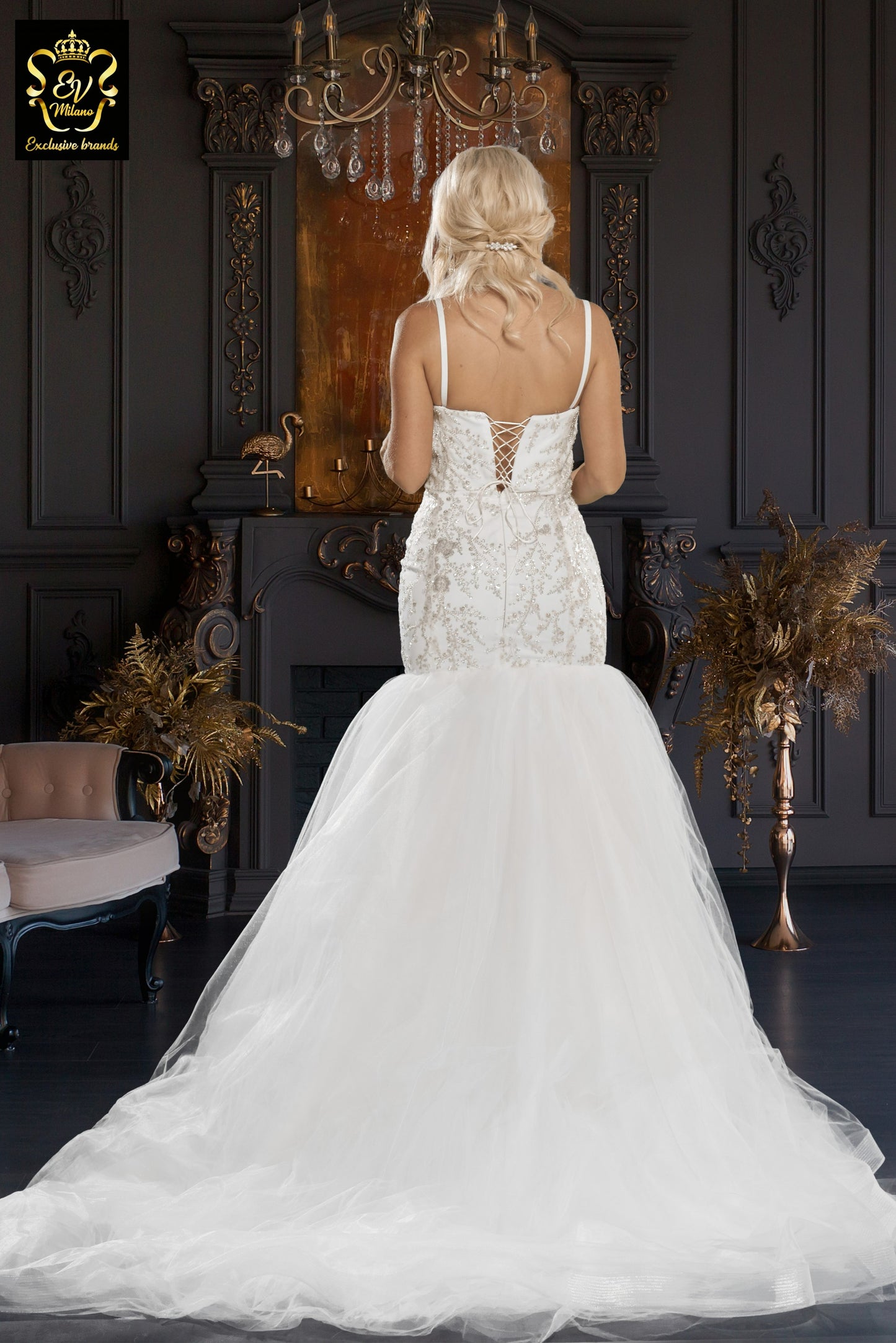 Long wedding dress with thin straps and tulle train EVM-1031