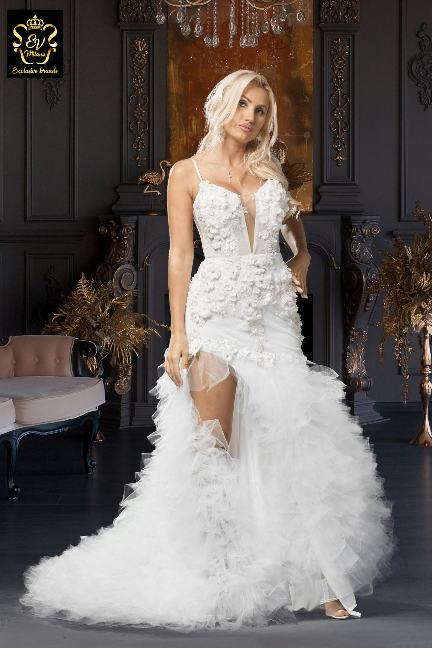 Long wedding dress with thin straps v-neckline and slit on the leg EVM-1032