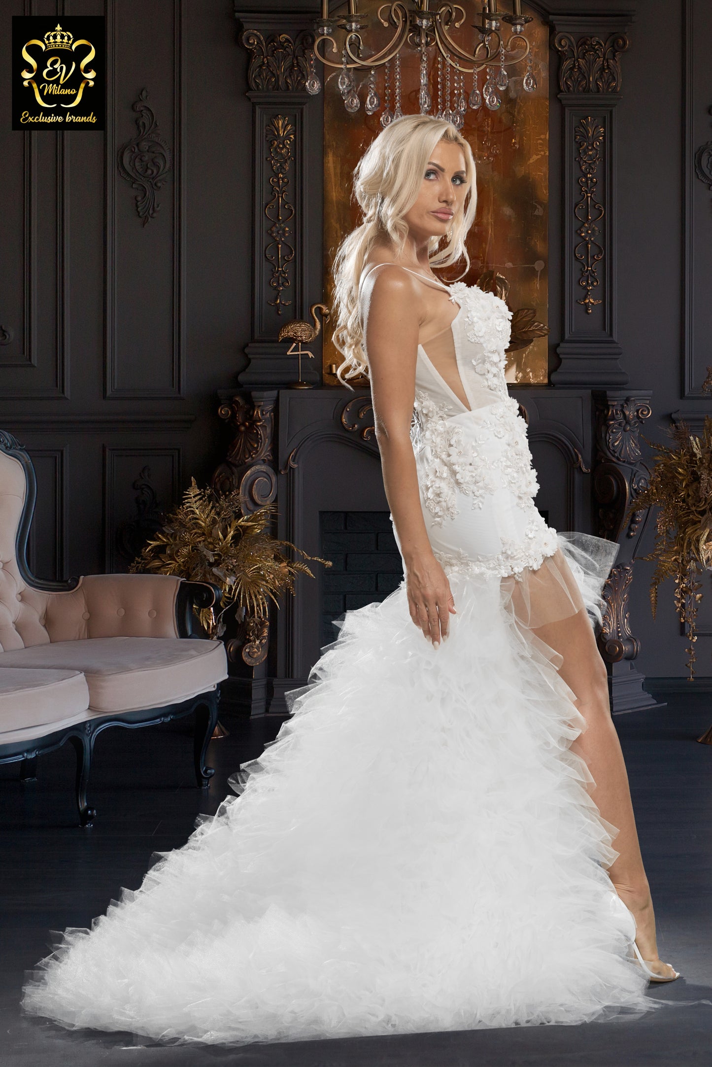 Long wedding dress with thin straps v-neckline and slit on the leg EVM-1032