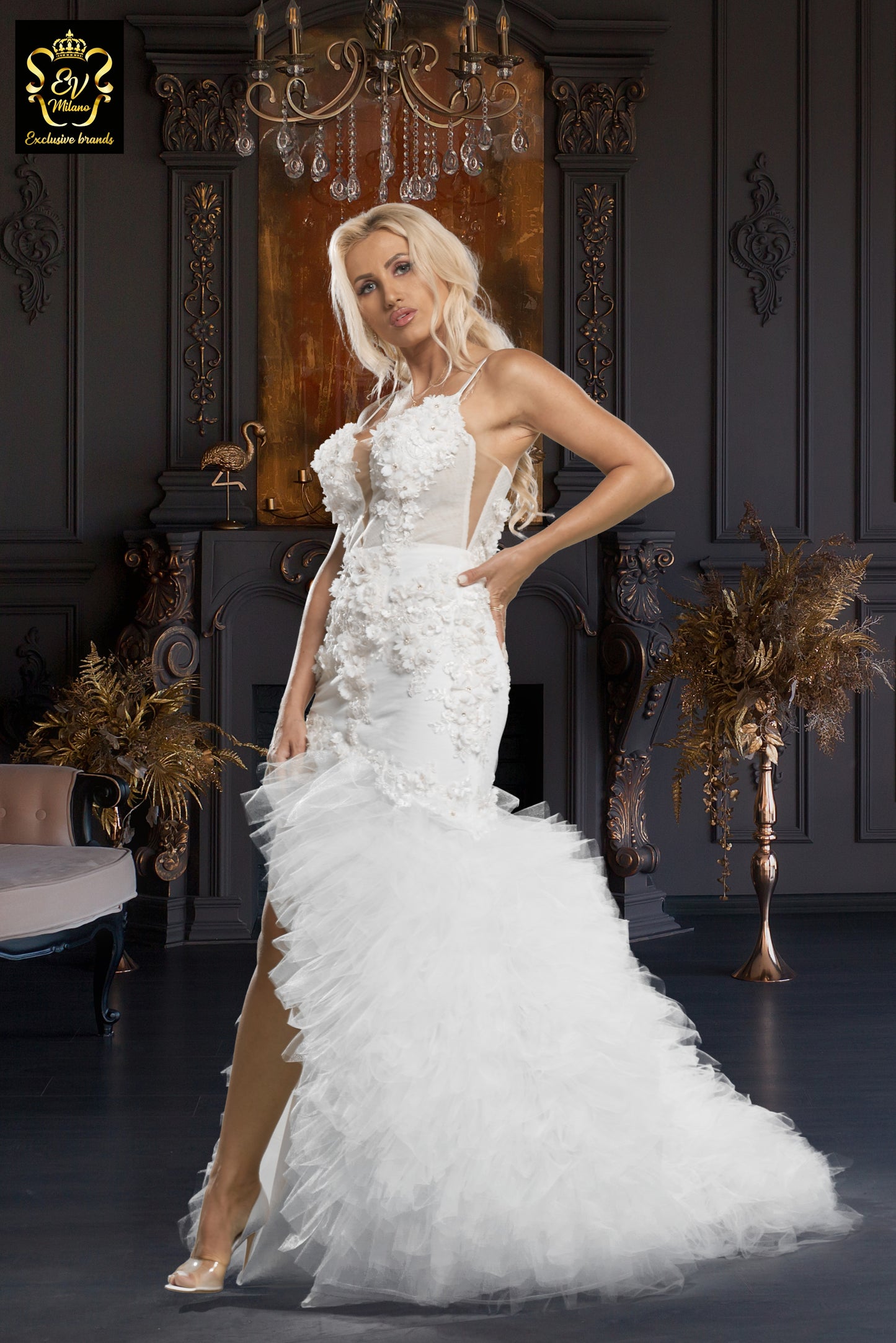 Long wedding dress with thin straps v-neckline and slit on the leg EVM-1032