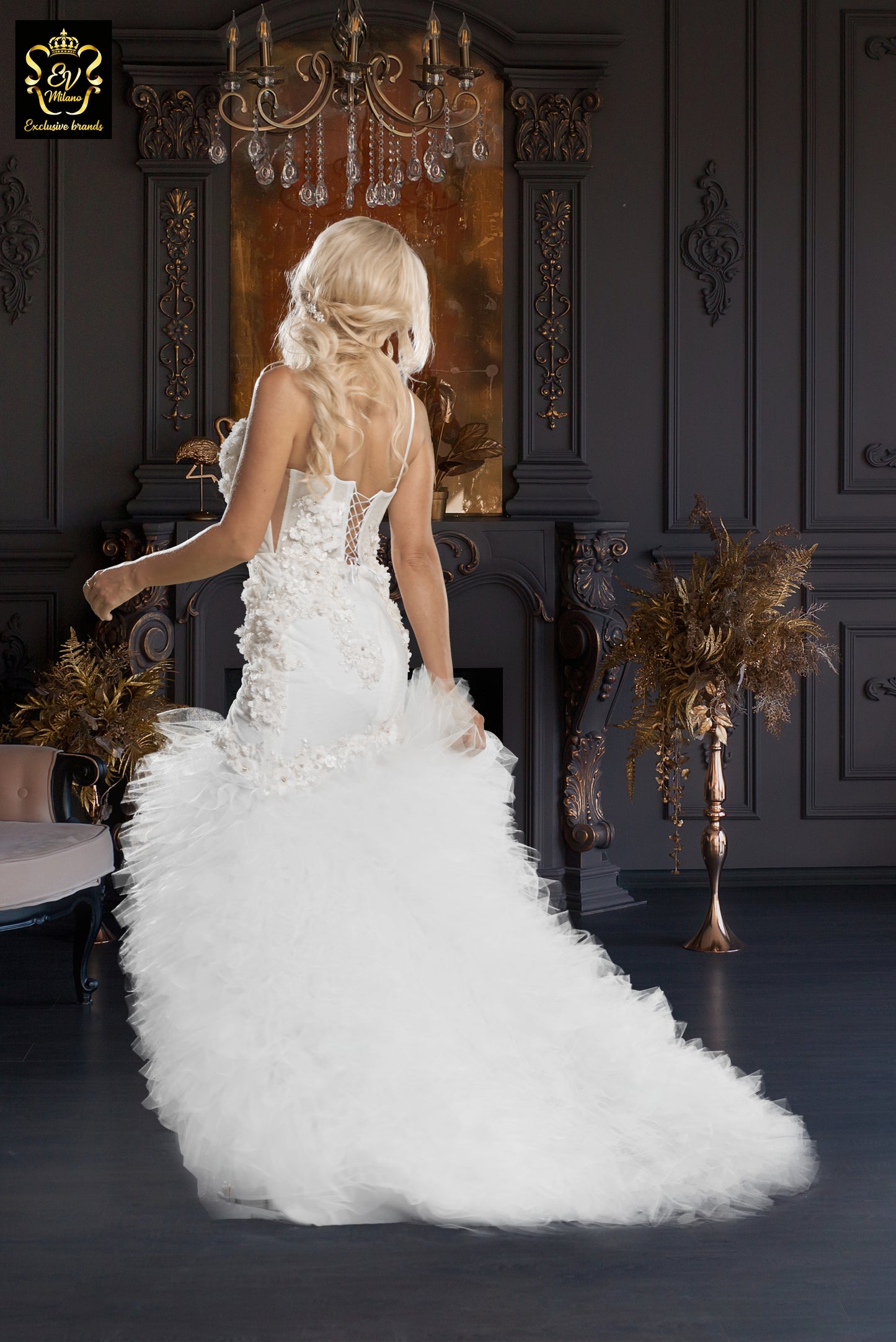 Long wedding dress with thin straps v-neckline and slit on the leg EVM-1032