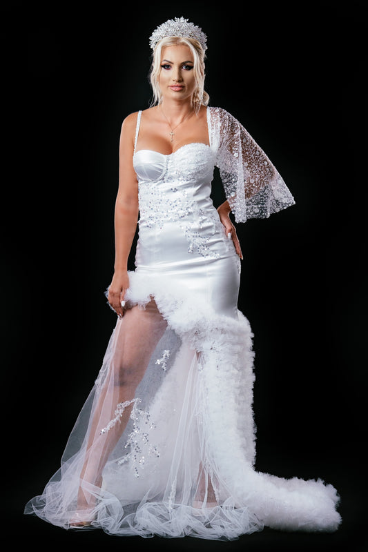 Long wedding dress with thin straps, slit on the leg and train EVM-1044