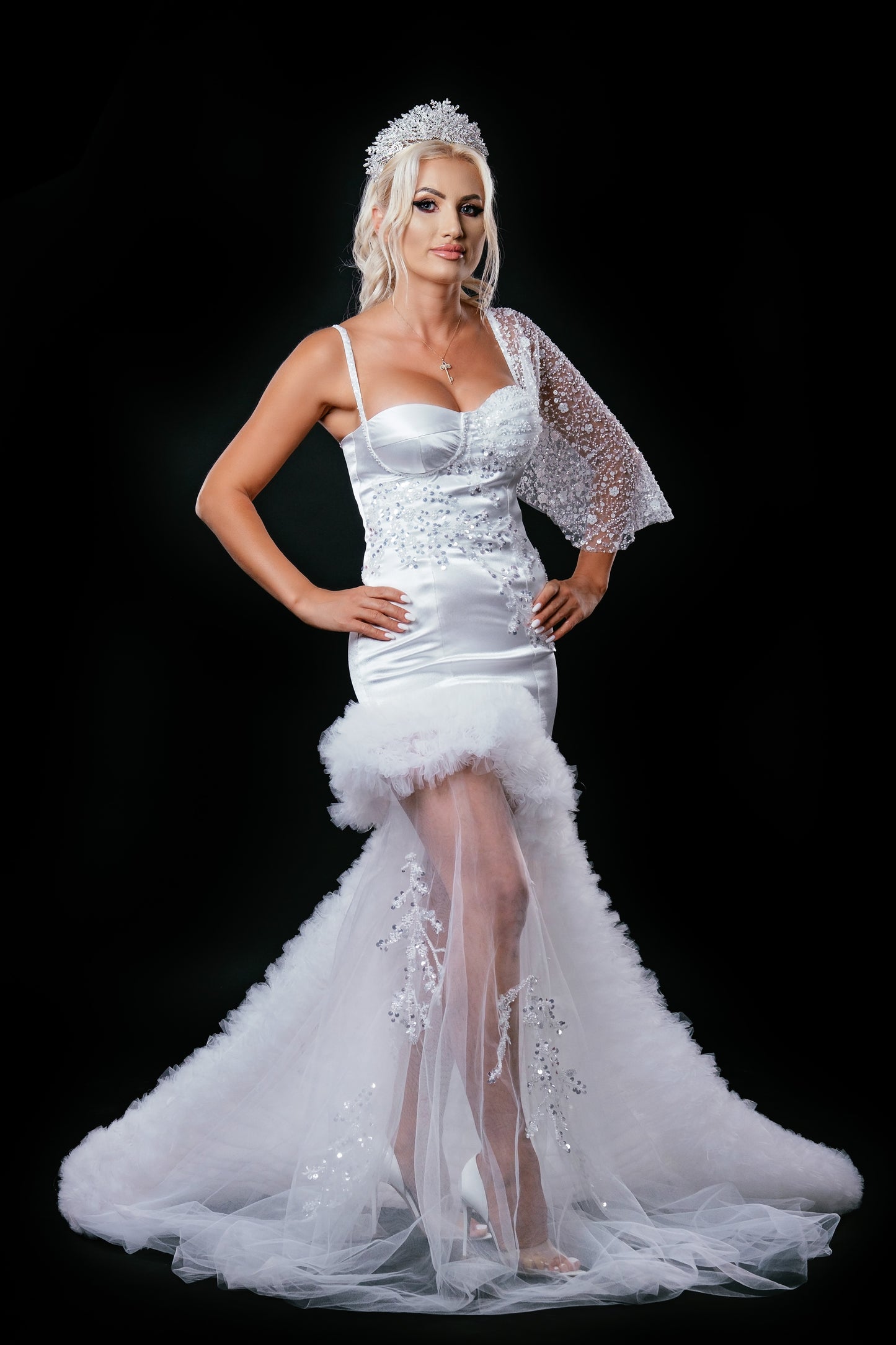 Long wedding dress with thin straps, slit on the leg and train EVM-1044