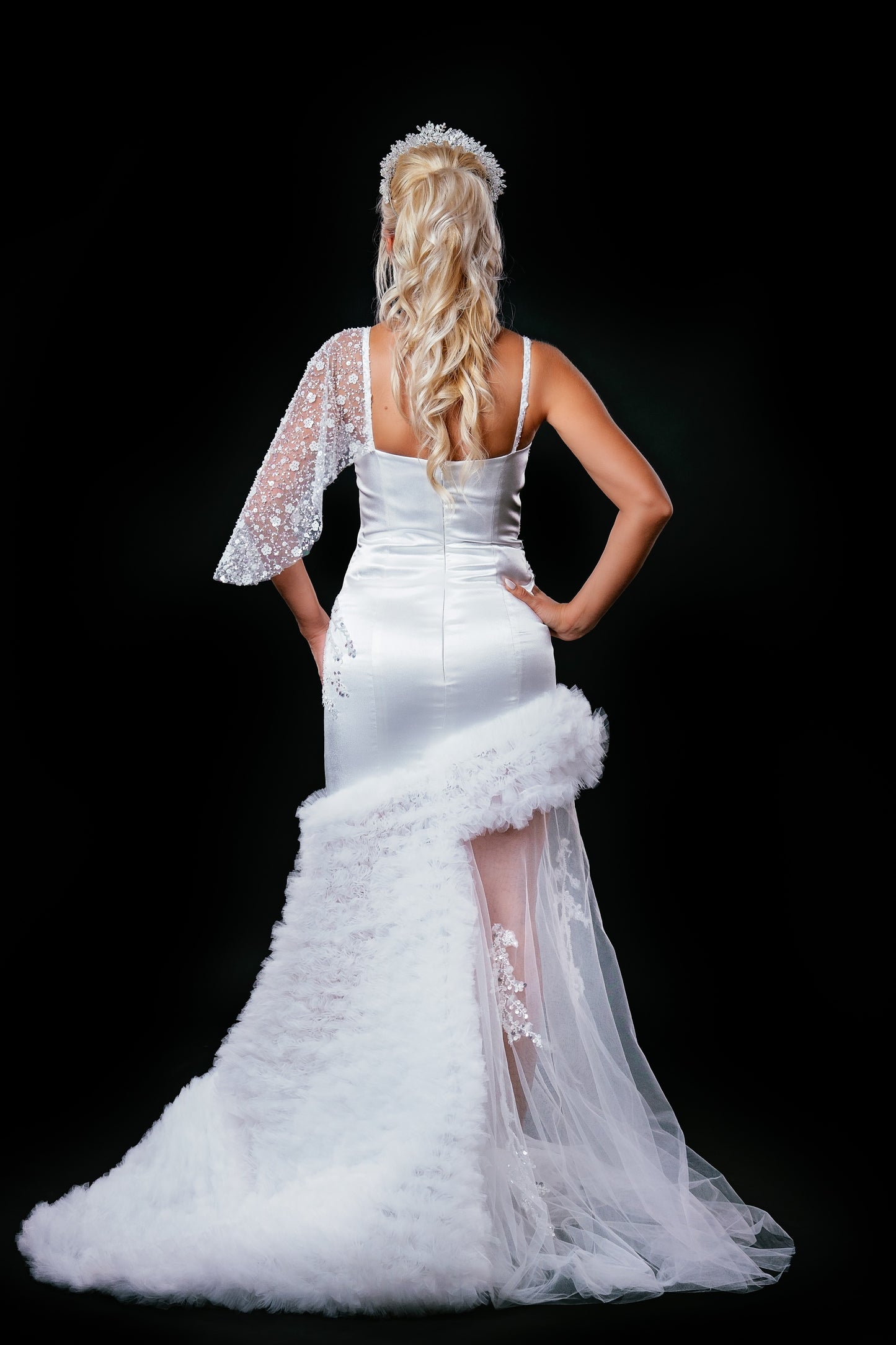 Long wedding dress with thin straps, slit on the leg and train EVM-1044