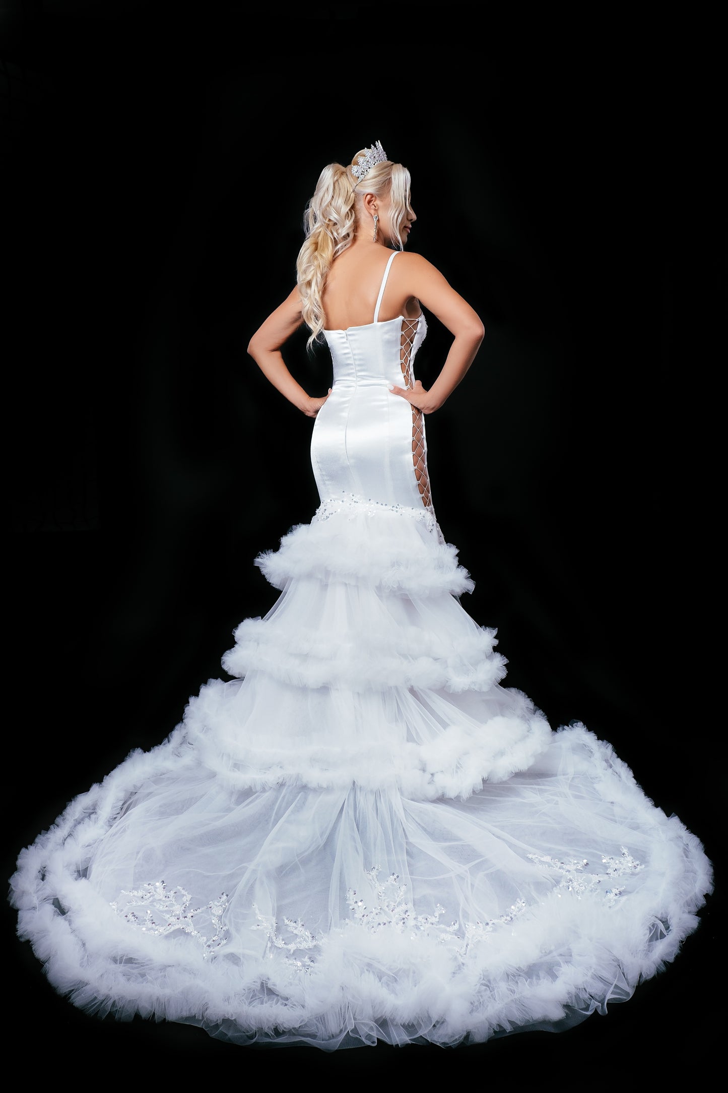 Long wedding dress with thin straps and tulle train EVM-1042