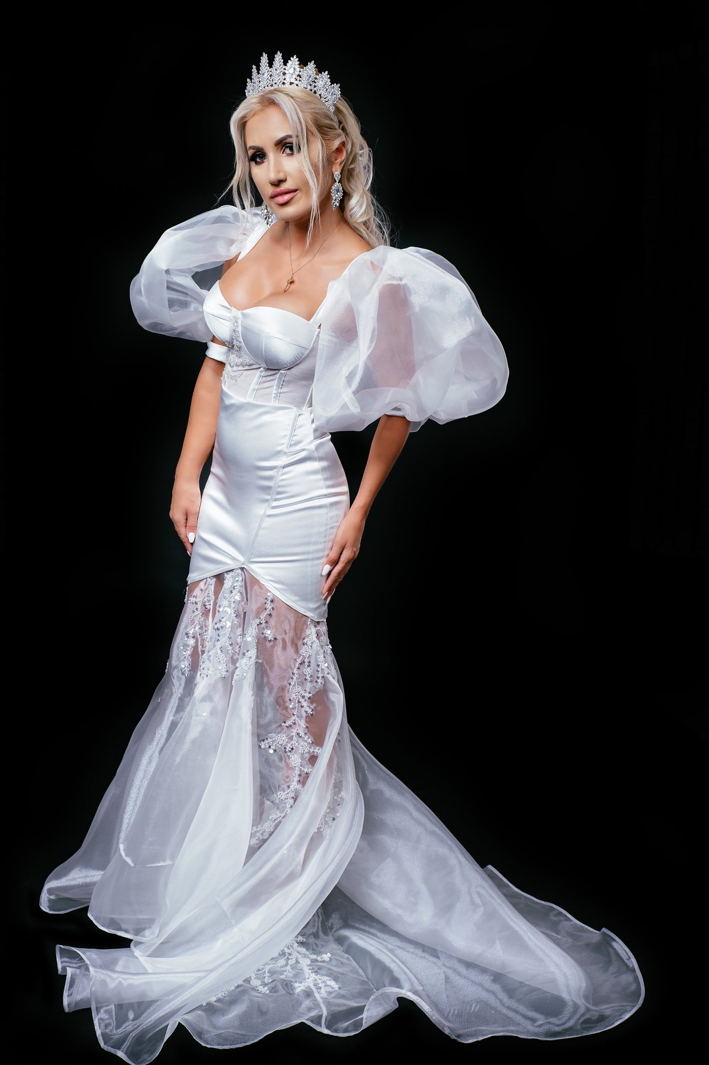 Long wedding dress with short sleeves and tulle train EVM-1041